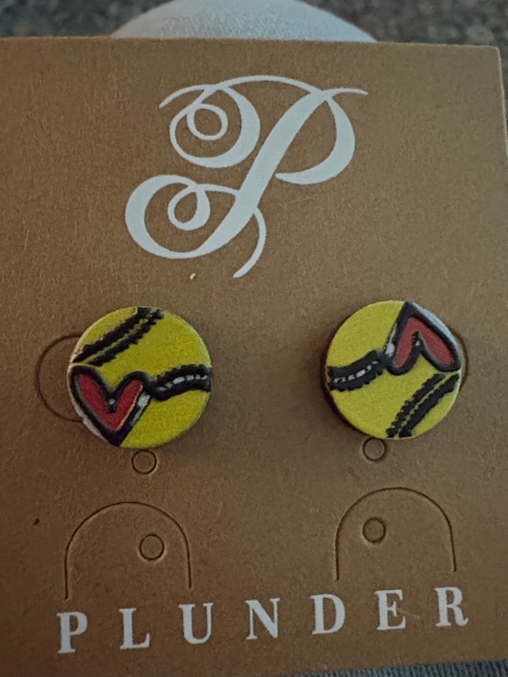 Plunder Yellow Softball Stud Earrings with Red Heart Detail